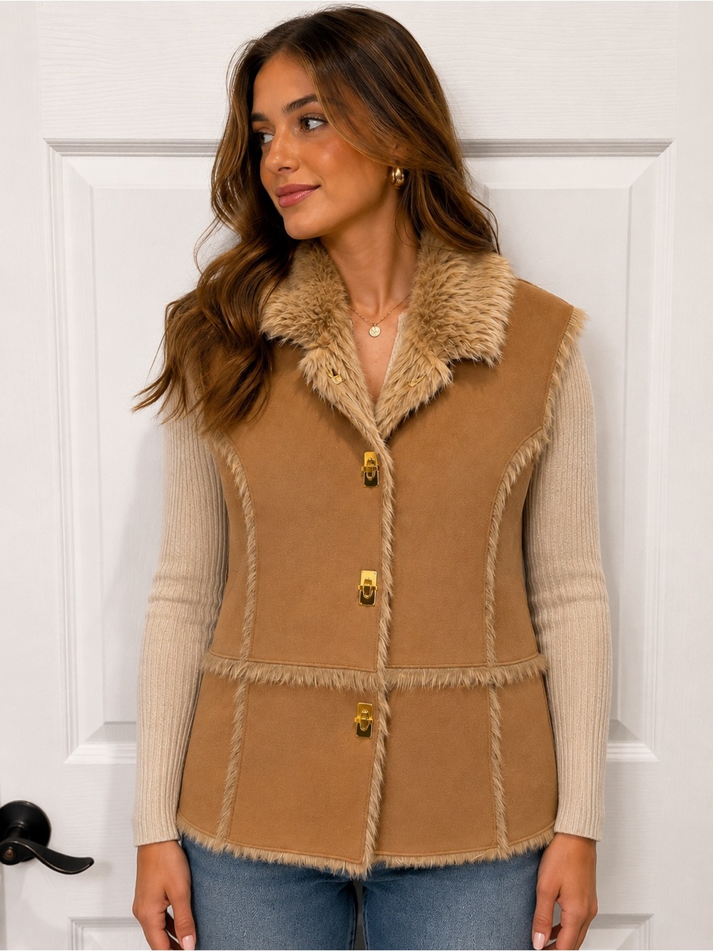 Lisa International Tan Faux Shearling-Trim Vest with Gold Hardware